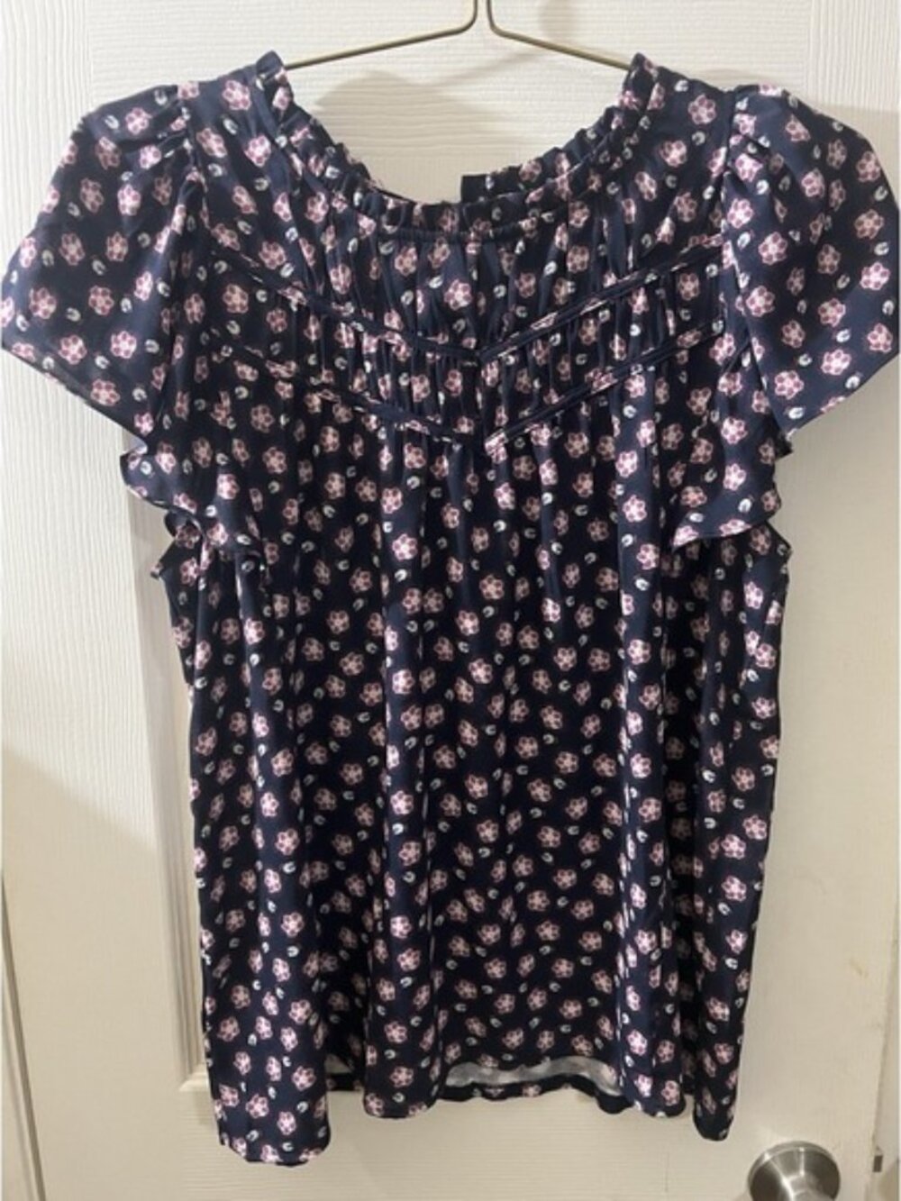 Loft Navy‎ Jewel Tone Split Neck Flutter Sleeve Satin Blouse Medium
